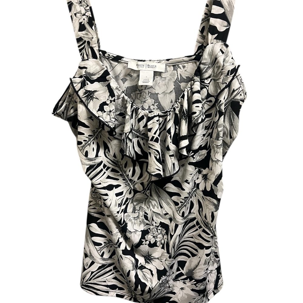 White House Black Market Ruffled Black and White Sleeveless Tank Top